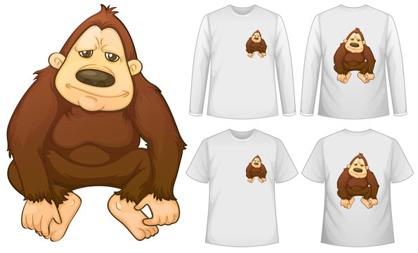 Gorilla and four designs on white shirts