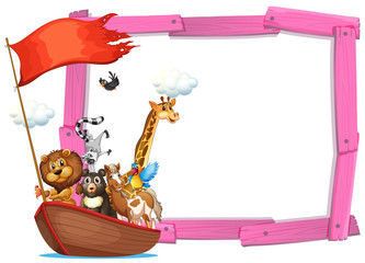 Obraz na płótnie Canvas Border template with cute animals on boat
