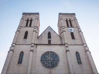 Eglise Saint Jean Baptiste Church at dusk in Bourgoin Jallieu, France, a city of Dauphine region, in Isere Departement. It is the main catholic church of this city, built in the 19th century