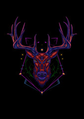 Deer head illustration with ornament design on the dark background in serious face. T shirt design, Logo, mascot, wall decoration.