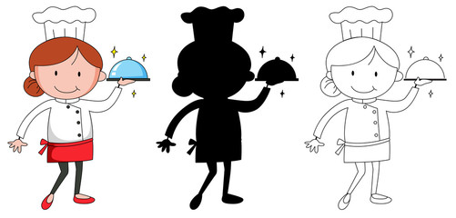 A set of characters in color, silhouette and outline