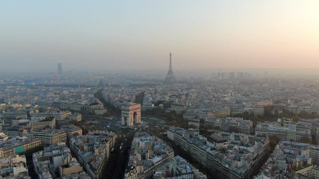 Aerial: Paris City Away From Arc de Triomphe and Traffic Circle, France