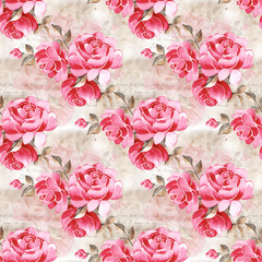 Watercolor floral pattern with gently pink English rose and spring flowers. Vintage seamless pattern.