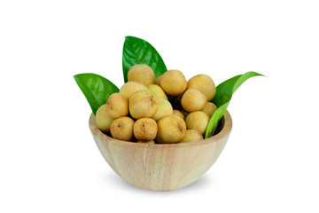 LongKong is placed on a wooden tray. Tropical fruit, Langsat, lanzones, Lansium parasiticum on a white background. - Image