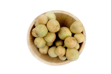 LongKong is placed on a wooden tray. Tropical fruit, Langsat, lanzones, Lansium parasiticum on a white background. - Image