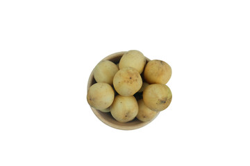 LongKong is placed on a wooden tray. Tropical fruit, Langsat, lanzones, Lansium parasiticum on a white background. - Image