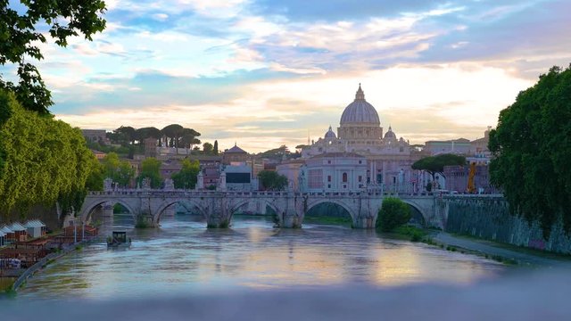 The view across the River Tiber towards St. Peter&rsquo;s Basilica in the Vatican from Rome, Italy.