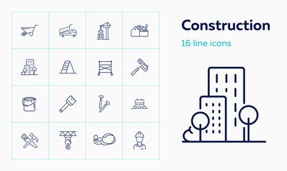 Construction site line icon set. Cart, crane, saw