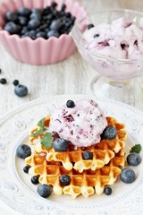 waffles with blueberries and blueberry yogurt ice cream