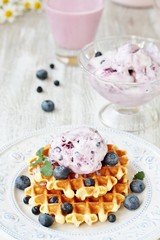 waffles with blueberries and blueberry yogurt ice cream