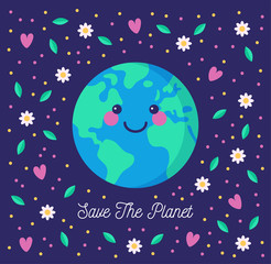 Save the planet. Environmental conservation concept. Cute smiling Earth, floating among flowers and hearts. Vector illustration.