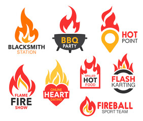 Fire flame and blaze, flaming heart and map point © Vector Tradition
