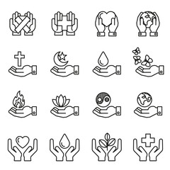 Collection of healing hands icon with variety of good symbol design. Thin Line Style stock vector. 