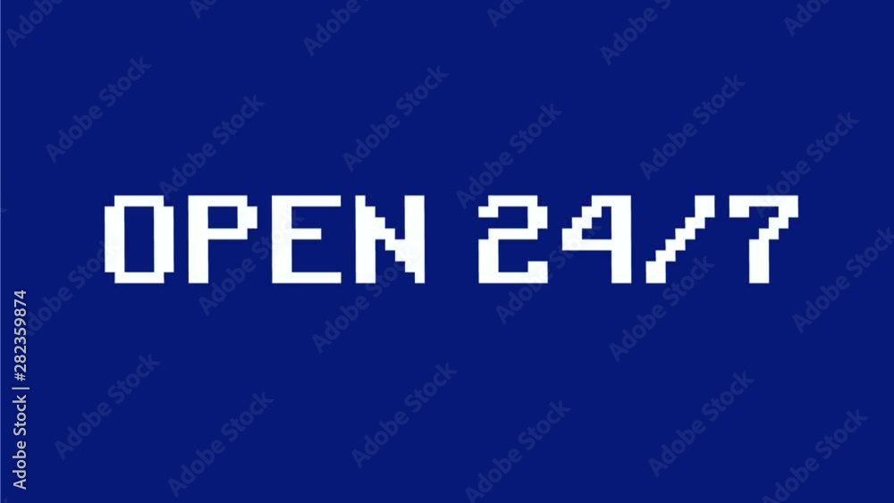 Poster 2d animation motion graphics showing a retro video game style open 24/7 screen with glitches or inte