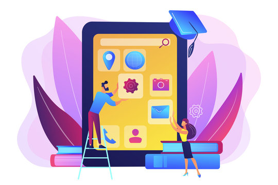 E- learning. Education process. Training application. Mobile app development courses, mobile apps online courses, become a mobile developer concept. Bright vibrant violet vector isolated illustration