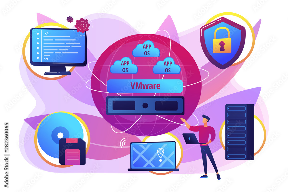 Poster virtual machines. operating system and data storage. virtualization technology, process virtual repr