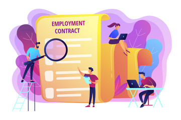 Employee hiring. Business document. HR management. Employment agreement, employment contract form, employee and employer relations concept. Bright vibrant violet vector isolated illustration