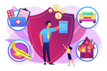 Private property, transport and life protection. Insurance broker, insurance brokerage services, insurance agent near you concept. Bright vibrant violet vector isolated illustration
