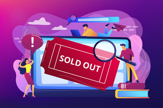 Popular show, best concerts and music festivals searching. Online booking system. Sold-out event, sold-out crowd, no tickets available concept. Bright vibrant violet vector isolated illustration