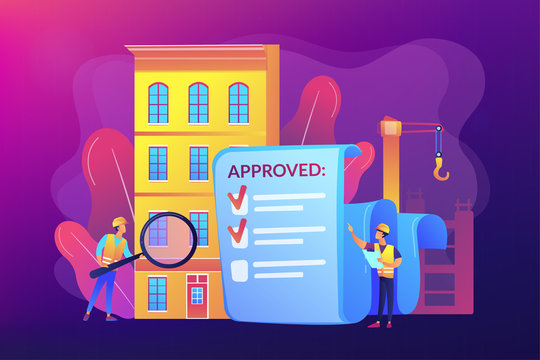 Architectural project approval, safety check. Construction quality control, construction quality management, hire your quality technician concept. Bright vibrant violet vector isolated illustration