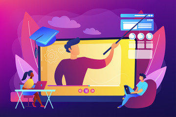 Internet education, remote website development school. Online workshop, online topic course, distance web learning, connect to our workshop concept. Bright vibrant violet vector isolated illustration