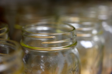 Empty glass canning jars for pressure cooking preservation of food