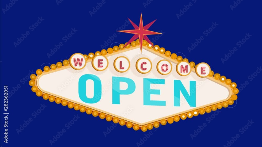 Poster 2d animation motion graphics showing retro neon las vegas style light signage lighting of welcome op