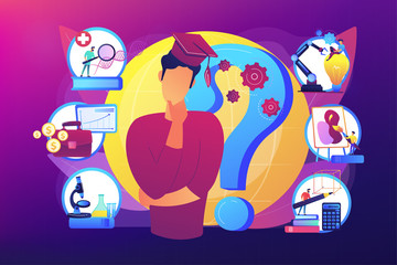 Naklejka premium Postgraduate, career opportunities for young specialist. College choice advisor, college rankings, career assessment test concept. Bright vibrant violet vector isolated illustration