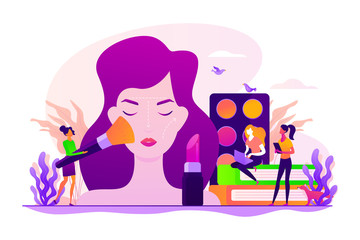 Woman in beautician parlor. Female character testing skin care product in beauty salon. Makeup courses, make up school, cosmetics masterclass concept. Vector isolated concept creative illustration