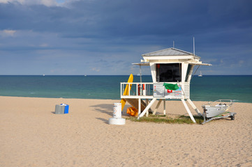 Lifeguard Huts in South Beach in Fort Lauderdale, Florida, USA.