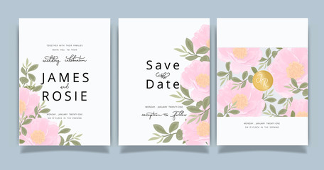 Fototapeta na wymiar Summer Flower Wedding Invitation set, floral invite thank you, rsvp modern card Design in Pink peony and white floral with leaf greenery branches decorative Vector elegant rustic template