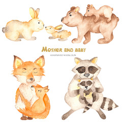 Watercolor cute mother and baby fox, bear, erolik, raccoon. Cartoon set of animals for cards, invitations, greeting cards, mother's day, baby design.