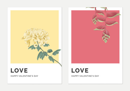 Minimalist botanical valentine greeting card template design, Chrysanthemum morifolium on yellow and Heliconia rostrata on red
