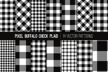 Black and White Buffalo Check Plaid Vector Pixel Patterns. Flannel Shirt Textile Prints Variety Pack. Trendy Fashion Check Textures. Hipster Style Backgrounds. Repeating Pattern Tile Swatches Included - 282363629