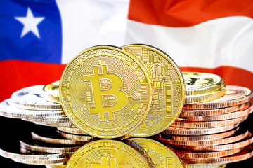 Concept for investors in cryptocurrency and Blockchain technology in the Chile and Austria. Bitcoins on the background of the flag Chile and Austria.