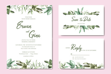 wedding invitation template card design with floral and leaves