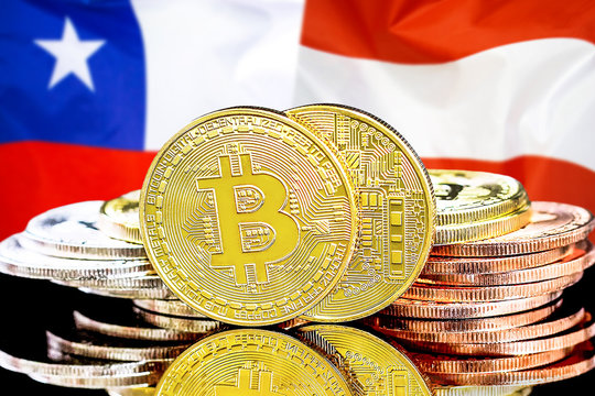 Concept for investors in cryptocurrency and Blockchain technology in the Chile and Austria. Bitcoins on the background of the flag Chile and Austria.