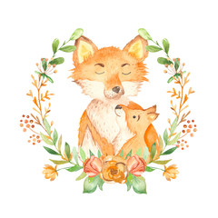 Watercolor cute fox mother and baby in a floral wreath. Composition for cards, invitations, mothers day, greeting cards.