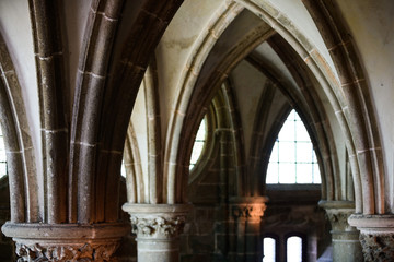 The medieval abbey of Mont Saint-Michel. Details of the temples inside the city on the island....