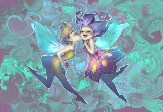 Original illustration of two cute funny elves, beautiful kissing girls with fairy wings