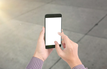 Man hand holding smartphone  and touching screen