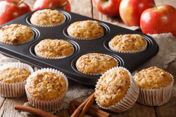 Golden muffins made from fresh apples with cinnamon close-up in a baking dish. horizontal