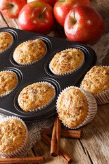 Rustic style fresh apple muffins with cinnamon close-up on the table. vertical