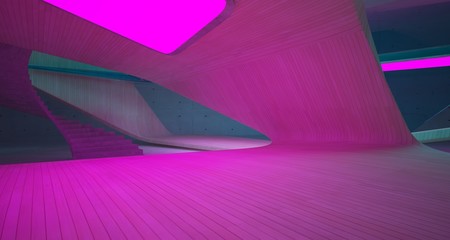 Abstract architectural concrete and wood smooth interior of a minimalist house with color gradient neon lighting. 3D illustration and rendering.