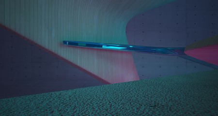 Fototapeta premium Abstract architectural concrete and wood smooth interior of a minimalist house with color gradient neon lighting. 3D illustration and rendering.