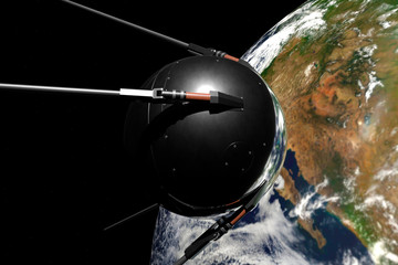 Satellite Sputnik 1 in space against the earth. - obrazy, fototapety, plakaty