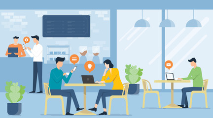 flat vector business team meeting working in cafe shop and business future workplace concept