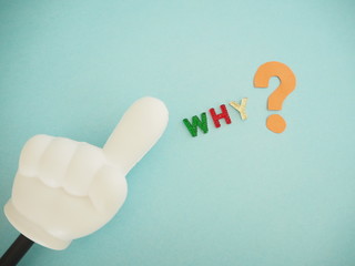 WHYなぜどうしての単語とクエスチョンマーク、指差し