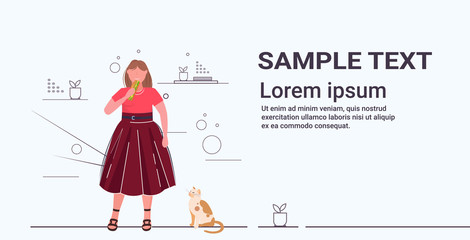 fat obese woman holding sandwich overweight girl eating fast food unhealthy nutrition obesity concept flat full length horizontal copy space