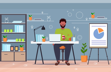 fat obese businessman drinking cola overweight african american guy sitting at workplace desk with laptop unhealthy nutrition obesity concept modern office interior flat full length horizontal